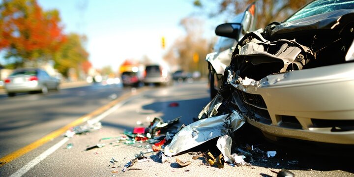 Car accident scene on a busy road causing delays and injuries