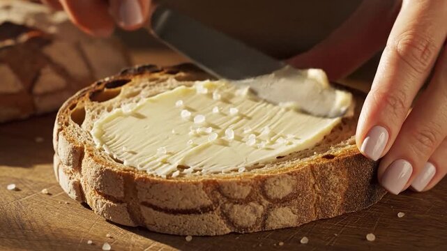 Buttering a Slice of Bread on a Wooden Cutting Board