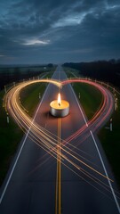 Romantic candle on a deserted highway at dusk with heart shaped light trails