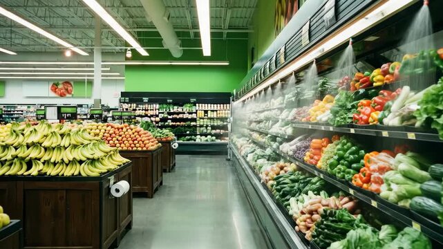 Fresh produce section in a grocery store with bananas apples and vegetables displayed under misting system in a bright modern supermarket