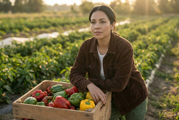 A farmer pauses to reflect, leaning on a wooden crate filled with freshly picked colorful peppers