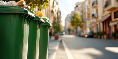 Bright green garbage bins line a sunlit city street with charming buildings