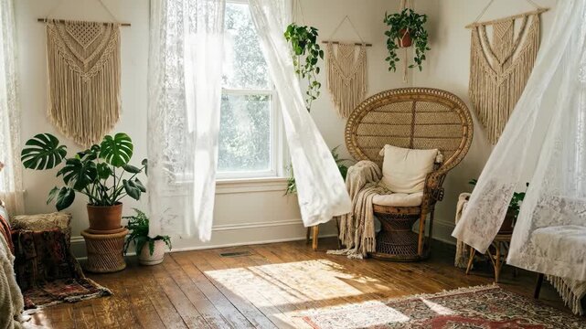 Cozy bohemian living room with wicker peacock chair, macrame wall hangings, lush green plants, and sunlight streaming through sheer white curtains
