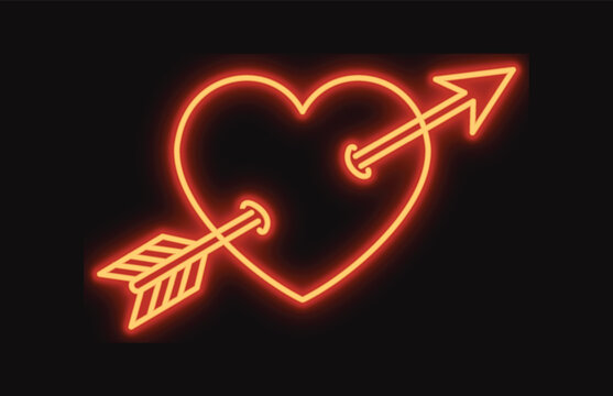 Neon red heart with arrow passing through it on black background