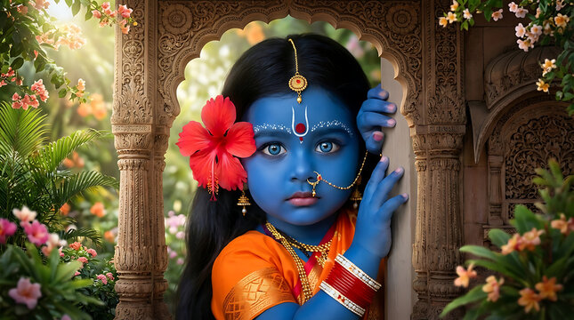 Cute baby goddess kali with blue skin and red hibiscus for festive kali puja and diwali season appearing in traditional indian temple architecture window