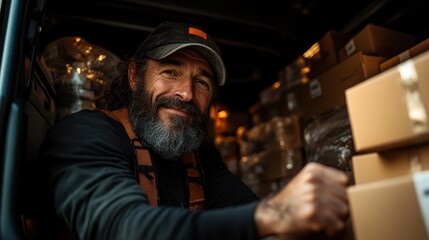 Happy worker loading delivery truck with online orders for eager customers