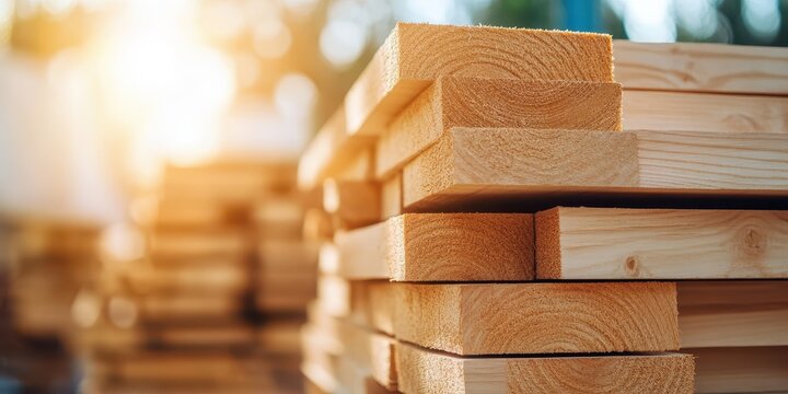Wooden planks stacked in the sunlight to air dry and season for future use