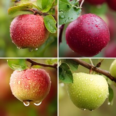 Fresh apples on wooden table with water droplets image