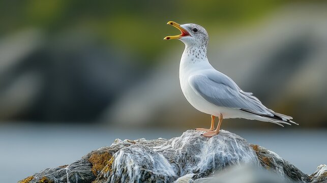 Seagull squawking joyfully on a rocky shore under soft sunlight