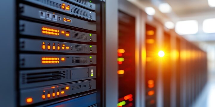 Intricate network of servers glowing brightly in a high-tech data center
