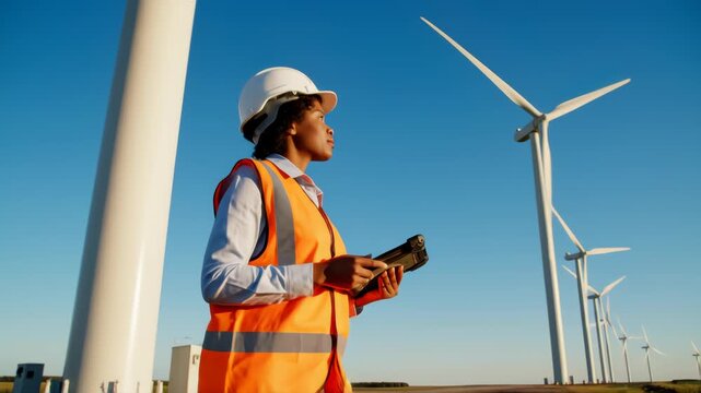 engineer at windmill power plant with tablet in hand on sky background
