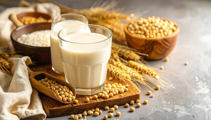 Fresh soy milk in glasses surrounded by soybeans, wheat, and rice on a rustic wooden board.