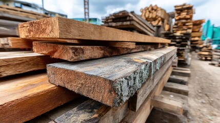 Wooden planks stacked against a cloudy sky at the lumber warehouse