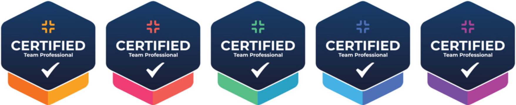 Set of 5 Colorful 'CERTIFIED Team Collaboration' Hexagonal Vector Badges with Checkmarks.