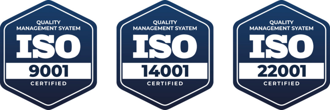 Set of blue hexagonal ISO certified badges for Quality Management System: ISO 9001, 14001, and 22001 standards