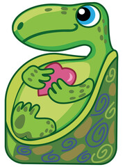 Kawaii little tortoise mascot with heart for nursery decor and stickers Adorable turtle hatchling character, love and care concept for kids