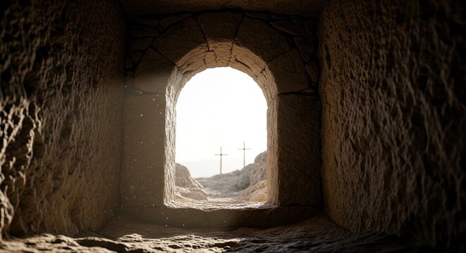 Empty tomb sunrise view: 3 crosses on hill, hope, faith, resurrection, new beginnings