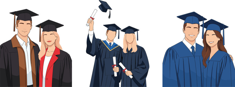 Graduation celebration illustration set showing happy students wearing caps and gowns, academic success, and university completion moments in flat vector style