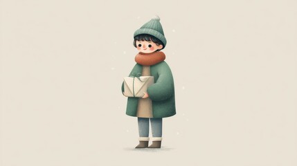 a minimal christmas illustration of a child in winter clothes holding a present