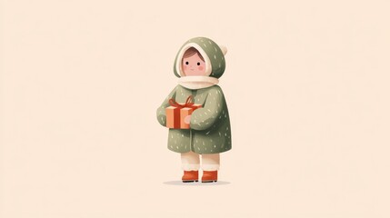 a minimal christmas illustration of a child in winter clothes holding a present