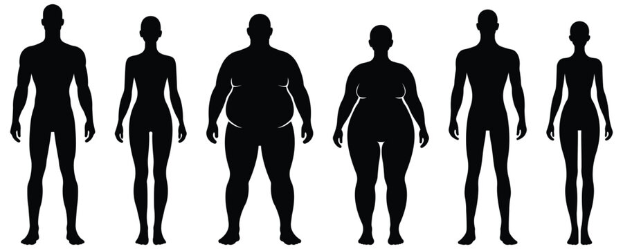 Human body type silhouette set, Male and female anatomy shapes, Slim and overweight body figure collection