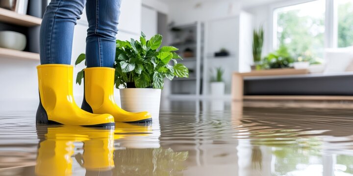 Flood aftermath reveals standing water and bright yellow boots in home