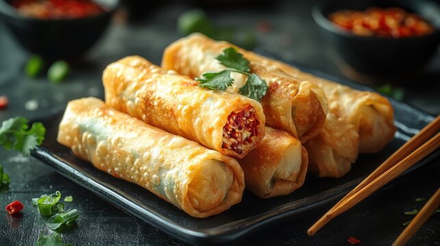 Crispy Chinese spring rolls served on a rustic plate with chopsticks