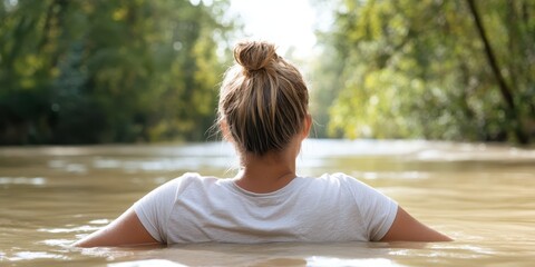 Fototapeta premium Worried woman gazes at a flooded river during extreme weather event