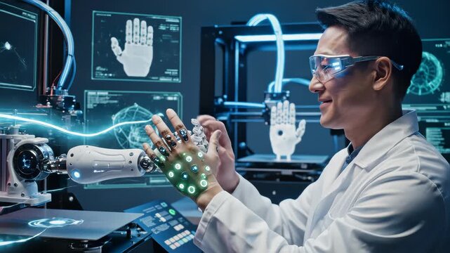 Cybernetic system today. Game industry and motion tracking in cyberspace. Man with innovative spectacles creates movement for mechanical plastic arm. Printing on the 3D printer. Sci Fi and prosthetics