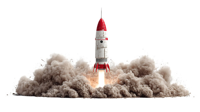 Rocket launching into the sky with smoke and flames isolated on transparent background