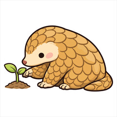Fototapeta premium Cute Pangolin Planting Seedling – Nature Care Cartoon Animal Vector Illustration