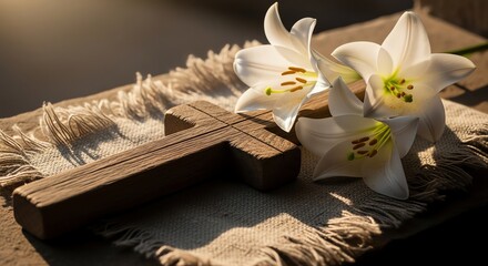 Fototapeta premium A rustic wooden cross rests beside pristine white lilies on a textured fabric
