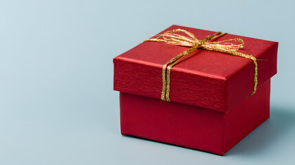 Red gift box wrapped with golden ribbon sits on a light blue background ready for giving at a celebration