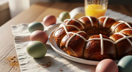 A close-up view of hot cross buns and colored easter eggs on a wooden table for breakfast