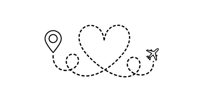 Romantic getaway travel route with heart shaped flight path