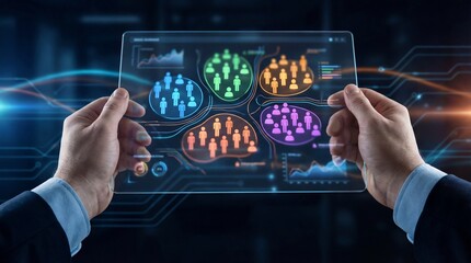 Data analysis action with interactive dashboard corporate office digital visualization high-tech environment close-up view data-driven insights