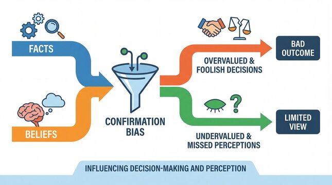 Confirmation bias in decision-making understanding facts and beliefs infographic on perception digital art conceptual environment