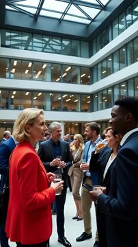 Professionals from various backgrounds engage in conversation at a networking event held in a modern office building. Participants build connections and share ideas