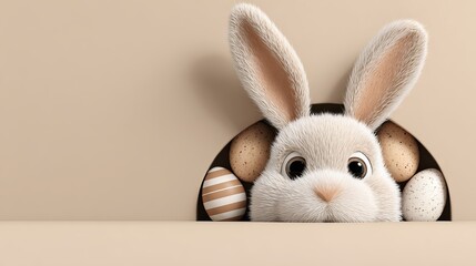 A cute white Easter bunny peeking out from behind a basket of colorful eggs on a beige background