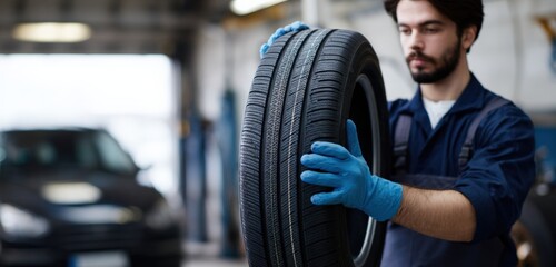 Young caucasian male mechanic inspecting car tire in auto workshop
