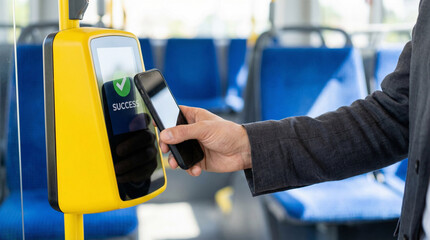 Close up of a man's hand using a smartphone for contactless payment on an electronic validator in a bus.