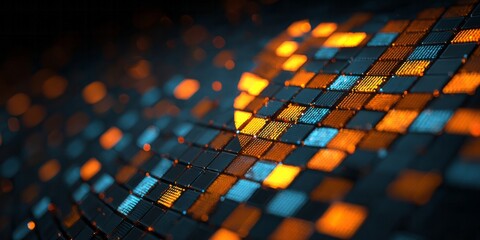 Illuminated grid of blue and orange squares curves through darkness.