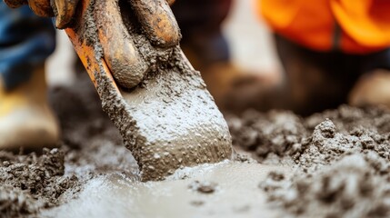 Fototapeta premium Skillful construction worker levels fresh cement for a sturdy house foundation