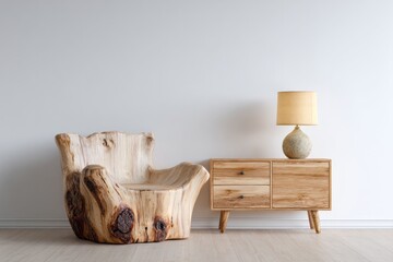 Natural wood chair and cabinet with lamp create cozy interior.