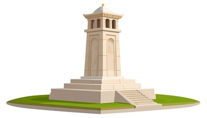 A cartoonish, cream-colored monument with a multi-tiered base and a rounded top against white