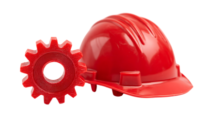 Red plastic toy hard hat and gear on transparent background for construction