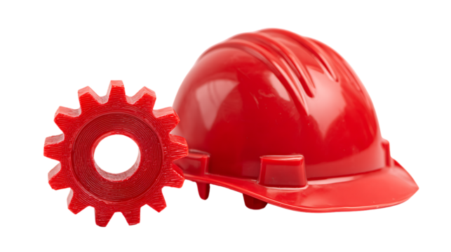 Red plastic toy hard hat and gear on transparent background for construction - Powered by Adobe