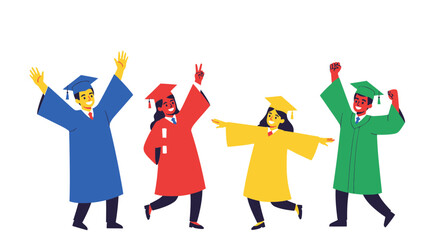 Fototapeta premium Diverse graduates in colorful robes celebrate academic achievement with joy.