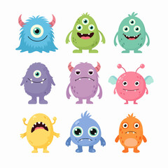 Fototapeta premium Monster big icon set. Happy Halloween. Face head colorful silhouette. Cute kawaii cartoon funny baby character. Eyes teeth fang horn tongue. Hands up, down. Flat design. White background. Vector
