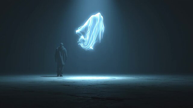 In a dark, abstract space, an empty human-shaped shadow lies on the ground while a luminous, translucent form drifts upward above it, creating a quiet, symbolic image of separation and transcendence.
